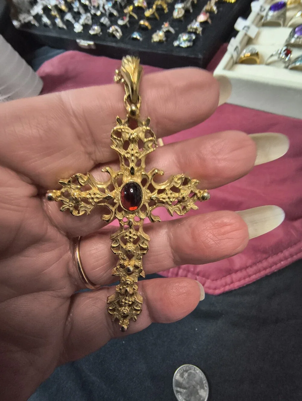 Vintage Avon Ornate Gothic Cross Pendant Necklace Red Glass Cabochon 22 Inch